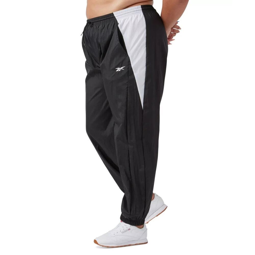 Reebok Women's Plus Size Pull-On Logo Woven Track Pants Black Elastic Waist New